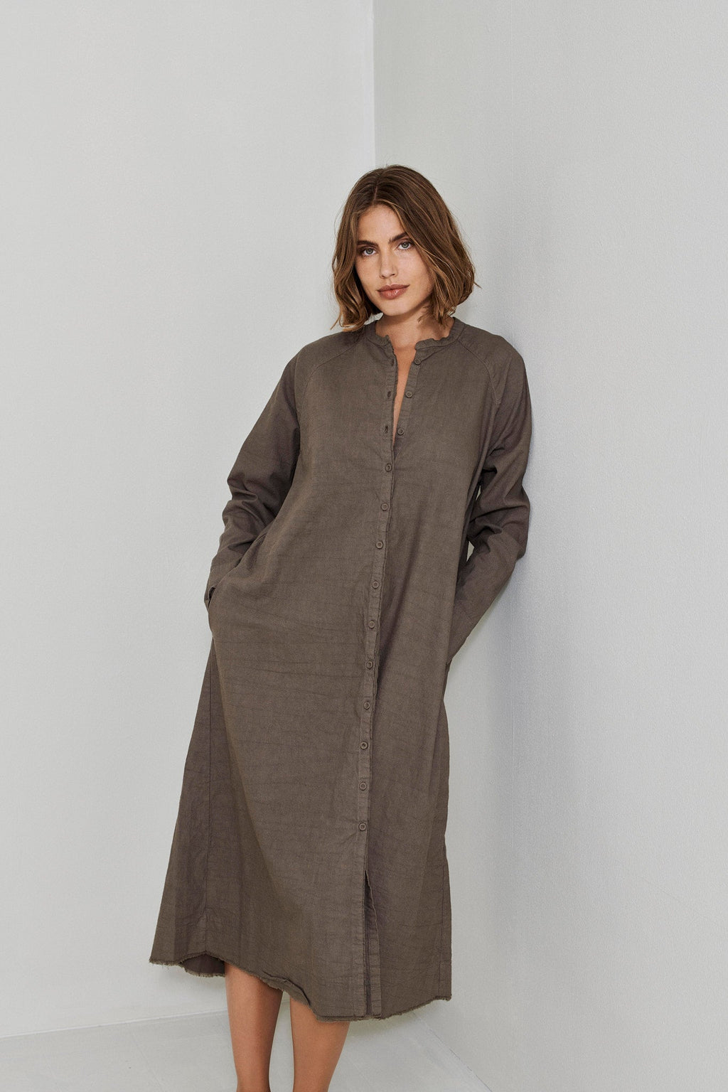 Retro Style Buttoned Linen Long Dress