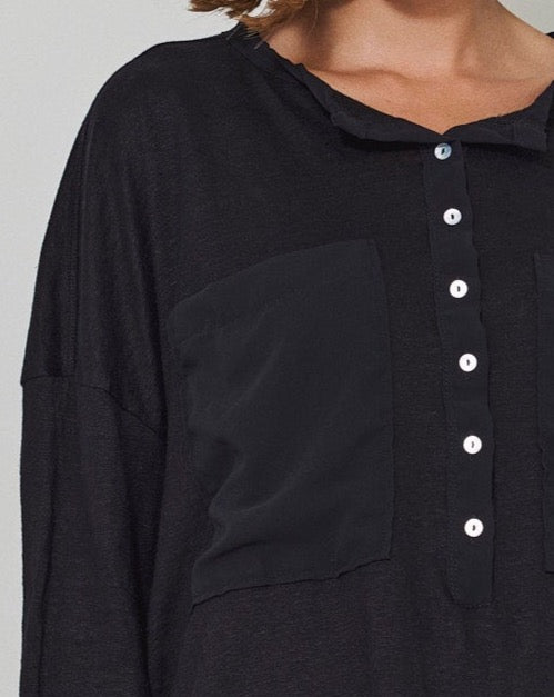 Black Button Decorated Long Sleeved Shirt